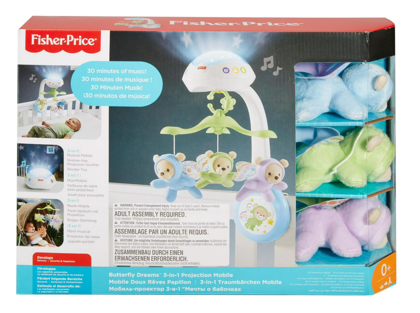 Fisher-Price 3-in-1 Projection Mobile, Butterfly Dreams, Baby Crib Toy with Light Projection