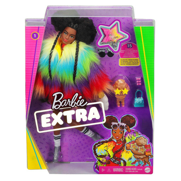 Barbie Extra Doll - Afro hair, Rainbow Coat & Pet Poodle