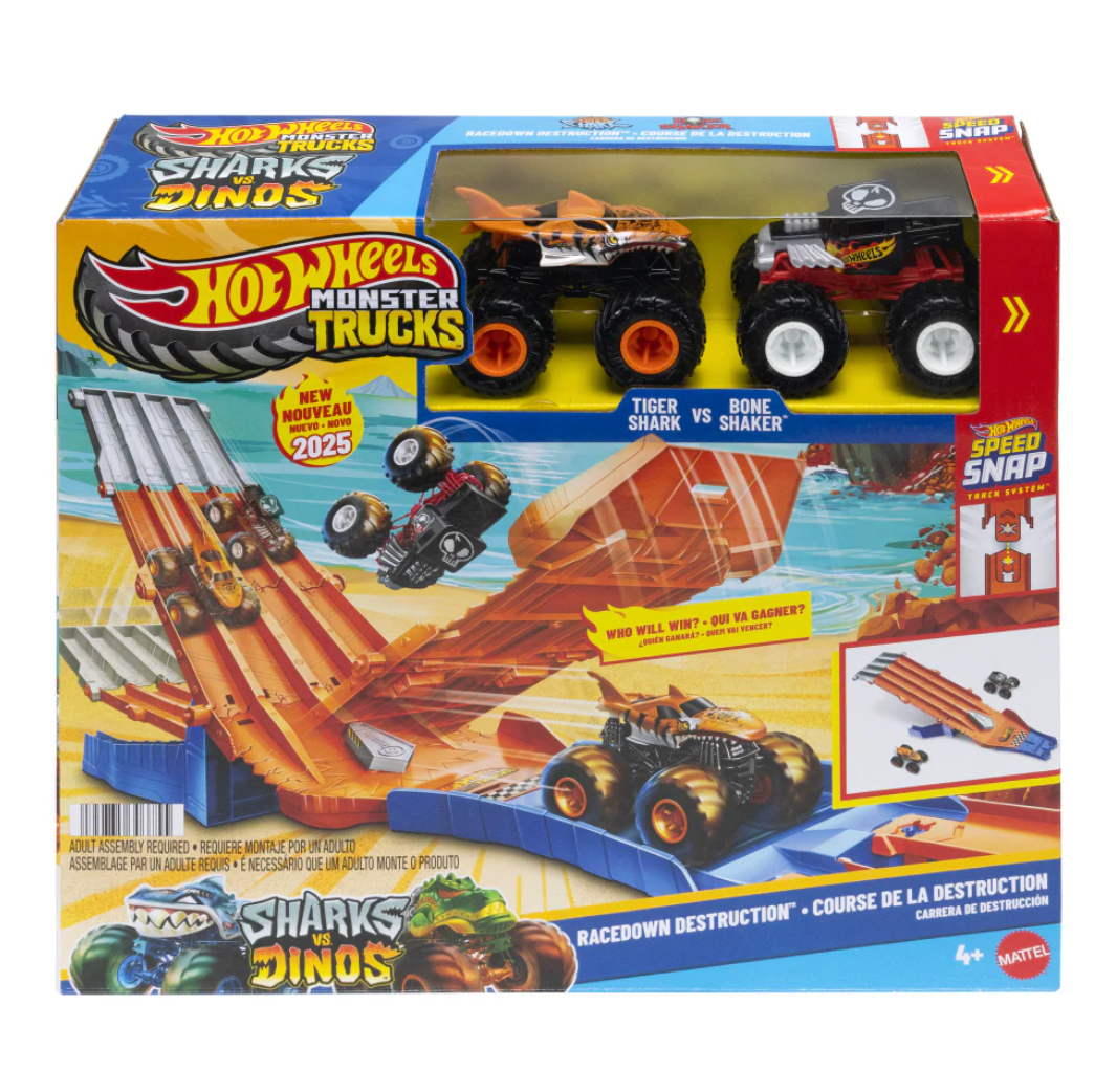 Hot Wheels Monster Trucks Sharks v Dinos Racedown Destruction