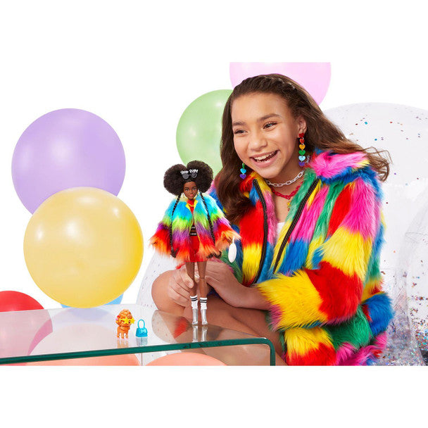 Barbie Extra Doll - Afro hair, Rainbow Coat & Pet Poodle